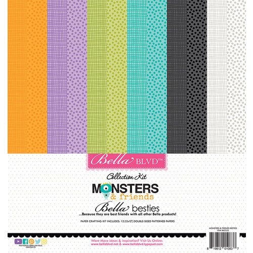 This pack of twelve 12" x 12" double-sided papers, Monsters & Freinds Bestie-prints assortment, is Versatile for card making and crafts—Bella Blvd.