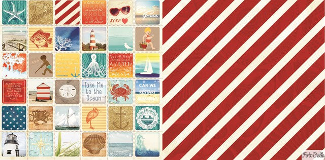 12x12 BoBunny double sided patterned cardstock (Side A - Ocean, beach, and summer themed element cards, Side B - Red and white stripes with a faint nautical overlay.)