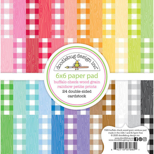 6x6 pad with 24 double-sided buffalo check prints and matching woodgrain reverse; each page is a different color; Rainbow Petite Prints Collection by Doodlebug Design.