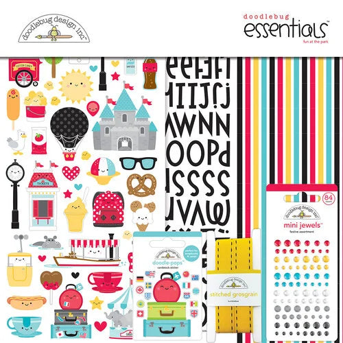 Fun at the Park Essentials Kit from Doodlebug Design. This kit includes double-sided papers, trims, shape sprinkles, alphabets and numbers, icons, stickers, etc. 