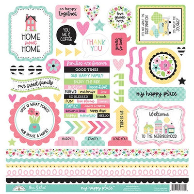 12" x 12" sticker sheet with icons and phrases, banners, speech bubbles, hearts, stars, quotation marks, five border pieces, tabs, arrows, and more.