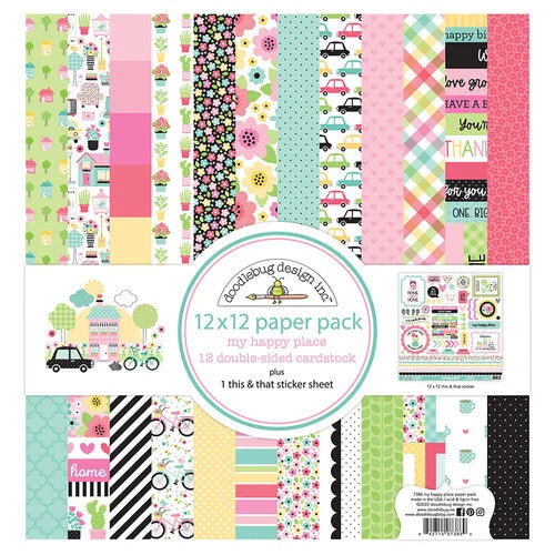 This 12" x 12" double-sided paper pack is part of the My Happy Place Collection from Doodlebug Design. Kit includes one 12" x 12" sticker sheet with images and phrases, banners, speech bubbles, hearts, stars, quotation marks, five border pieces, tabs, arrows, and more. 