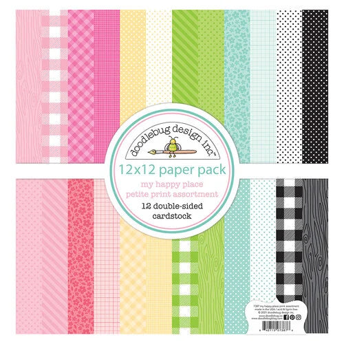 This 12" x 12" double-sided paper pack is part of the My Happy Place Collection from Doodlebug Design.