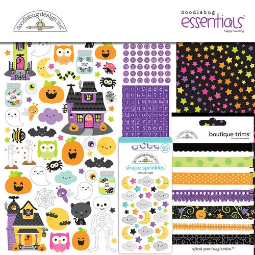  Happy Haunting Essentials Kit from Doodlebug Design. This kit includes double-sided papers, trims, shape sprinkles, alphabets and numbers, icons, stickers, etc. 