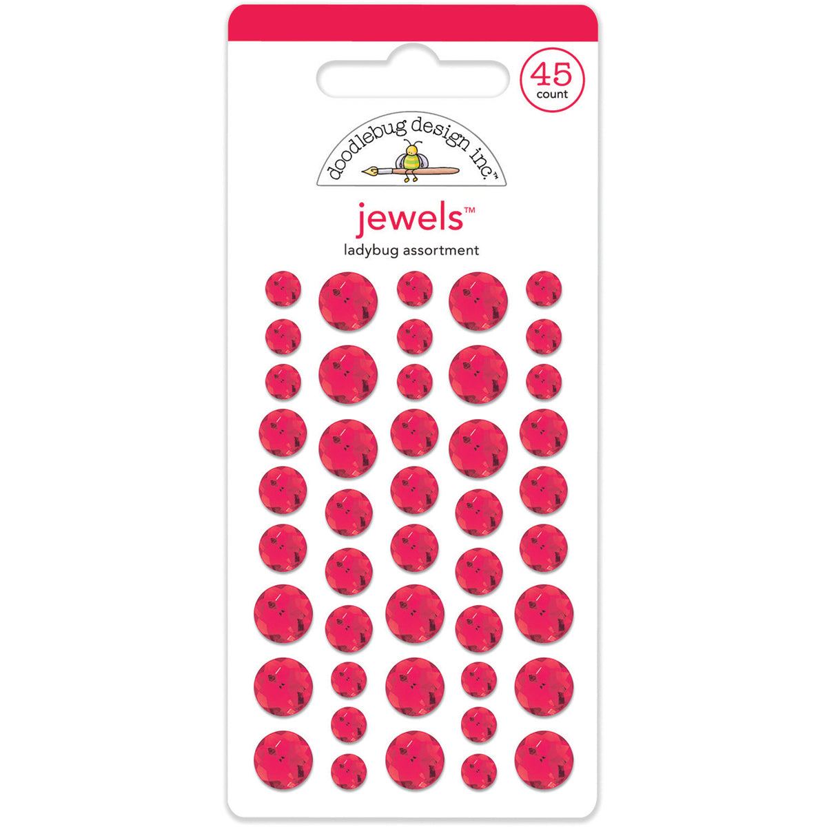 45 red rhinestone stickers in three sizes in ladybug red.