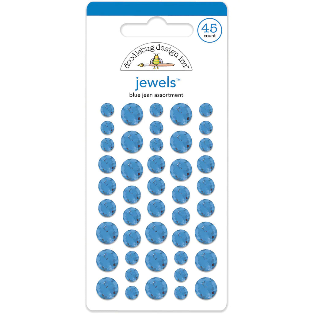 Forty-five blue, self-adhesive rhinestones in small, medium and large sizes from Doodlebug Design.