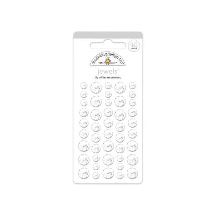 Forty-five white, self-adhesive rhinestones in small, medium and large sizes from Doodlebug Design.