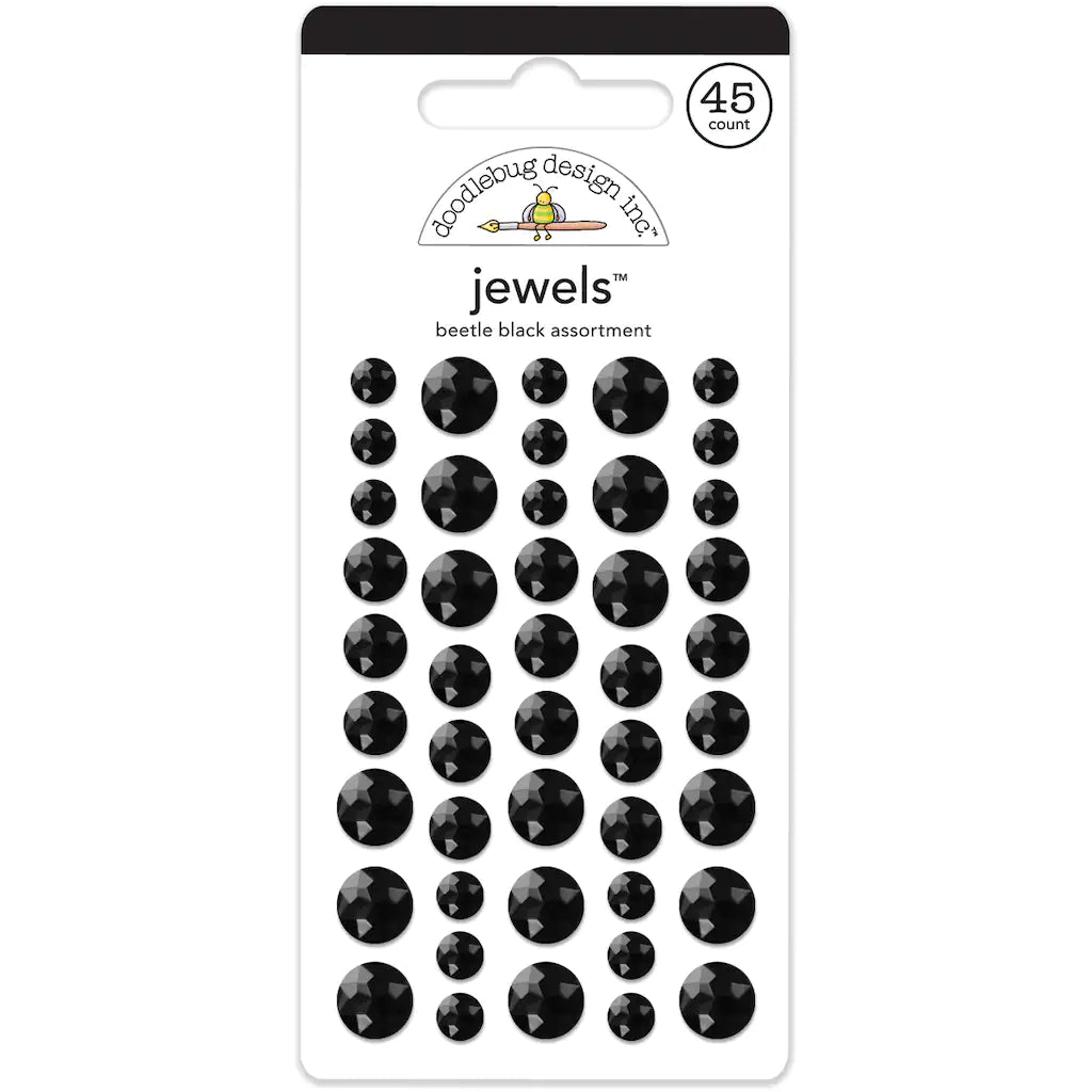 Forty-five black, self-adhesive rhinestones in small, medium and large sizes from Doodlebug Design.