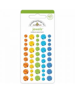 45 rhinestone stickers in three sizes and five colors (orange, yellow, lime green, turquoise, and blue)