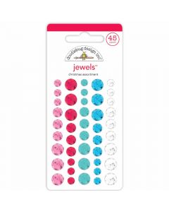 45 rhinestone stickers in three sizes and five colors (pink, red, teal, turquoise, and white)
