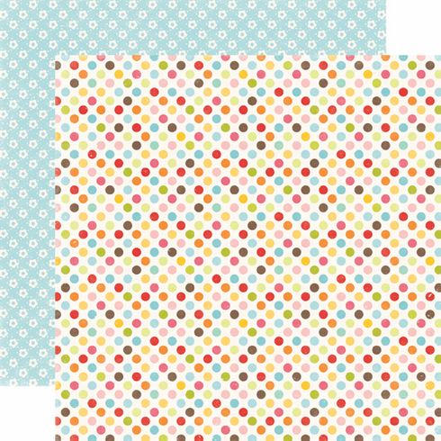 Multi-colored (Side A - fun, colorful polka-dots on a cream background, Side B - rows of little white daisies on a light blue background)