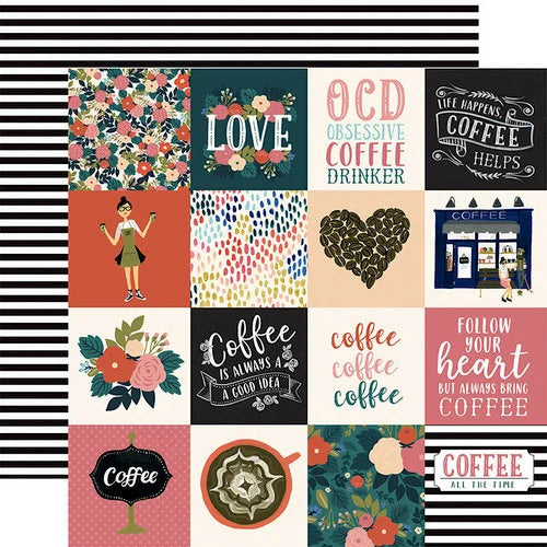 Multi-Colored (Side A - 3X3 Coffee journaling cards and phrases, Side B - thin black and whites stripe)