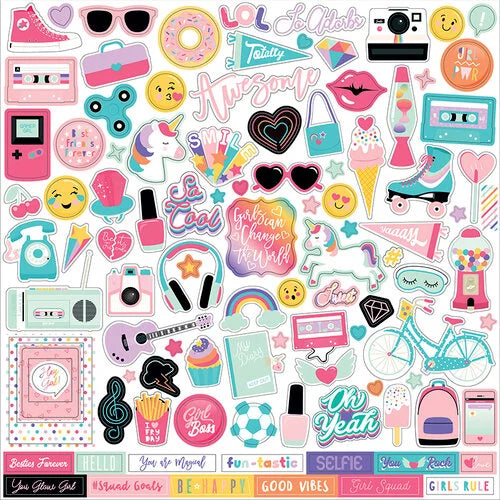  12" x 12" sheet of cardstock stickers featuring images including unicorns, sweet treats, cassette tapes and more!