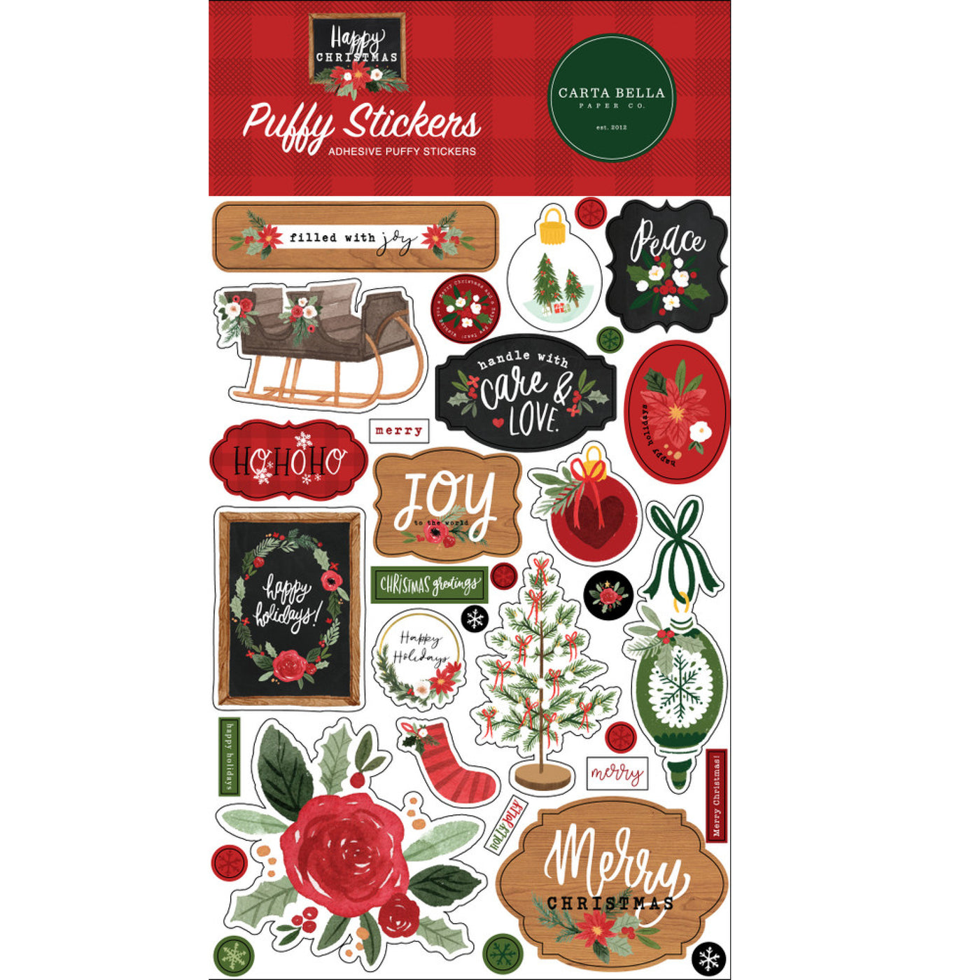 32 Puffy Stickers in various shapes and sizes; adhesive back, designed to coordinate with Happy Christmas Collection by Carta Bella.