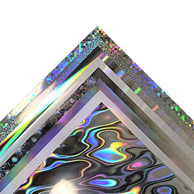 A variety pack with our newest and coolest Holographic papers from Mirri. This sampler has one sheet of each of 8 new holographic cardstocks. 
