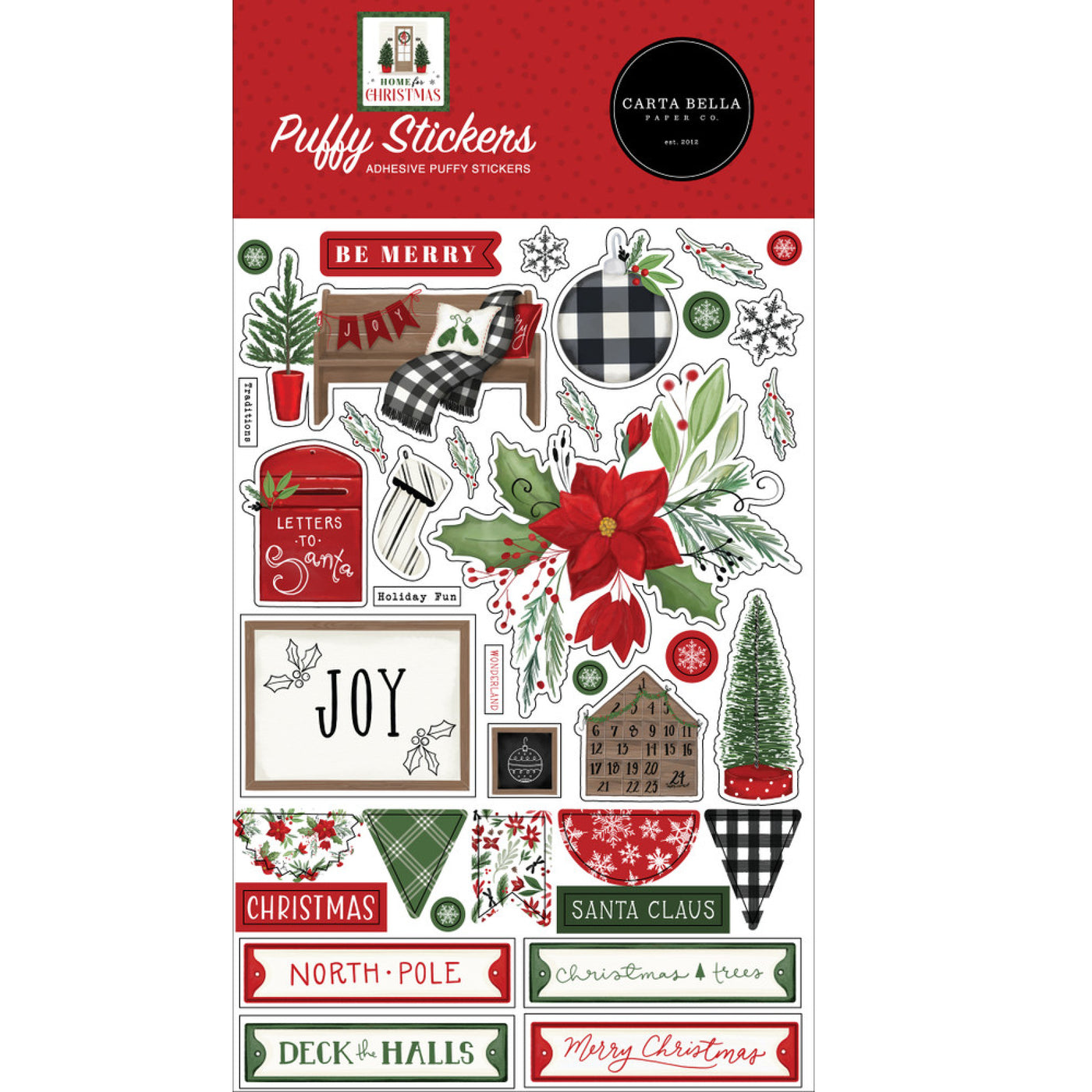 37 Puffy Stickers in various shapes and sizes; adhesive back, designed to coordinate with Home for Christmas Collection by Carta Bella.