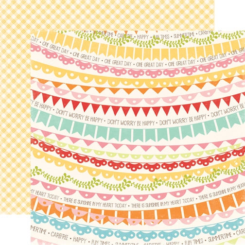 Multi-colored (Side A - fun, colorful banners and phrases such as "Don't worry, be happy" on a cream background, Side B - diagonal pastel yellow gingham)