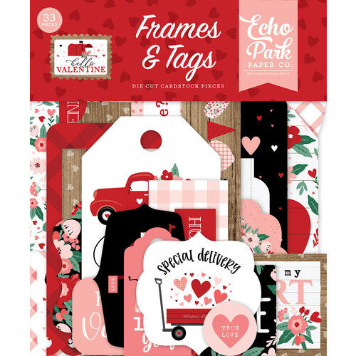 Hello Valentine Frames & Tags Die Cut Cardstock Pack. Pack includes 33 different die-cut shapes ready to embellish any project. Package size is 4.5" x 5.25"