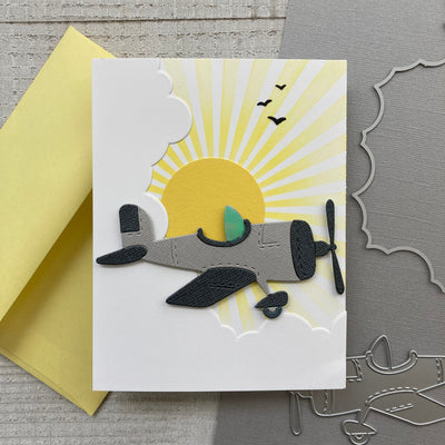 Handmade card with an airplane die cut featuring My Colors Glimmer Cardstock
