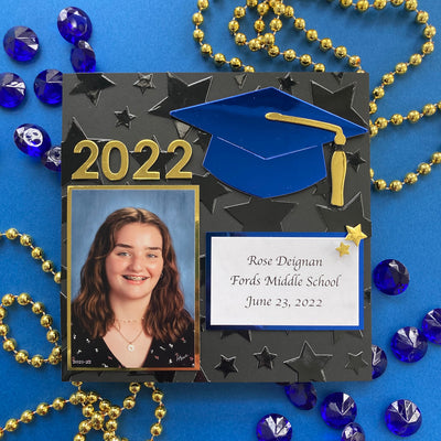 diy graduation announcement featuring blue foil cardstock