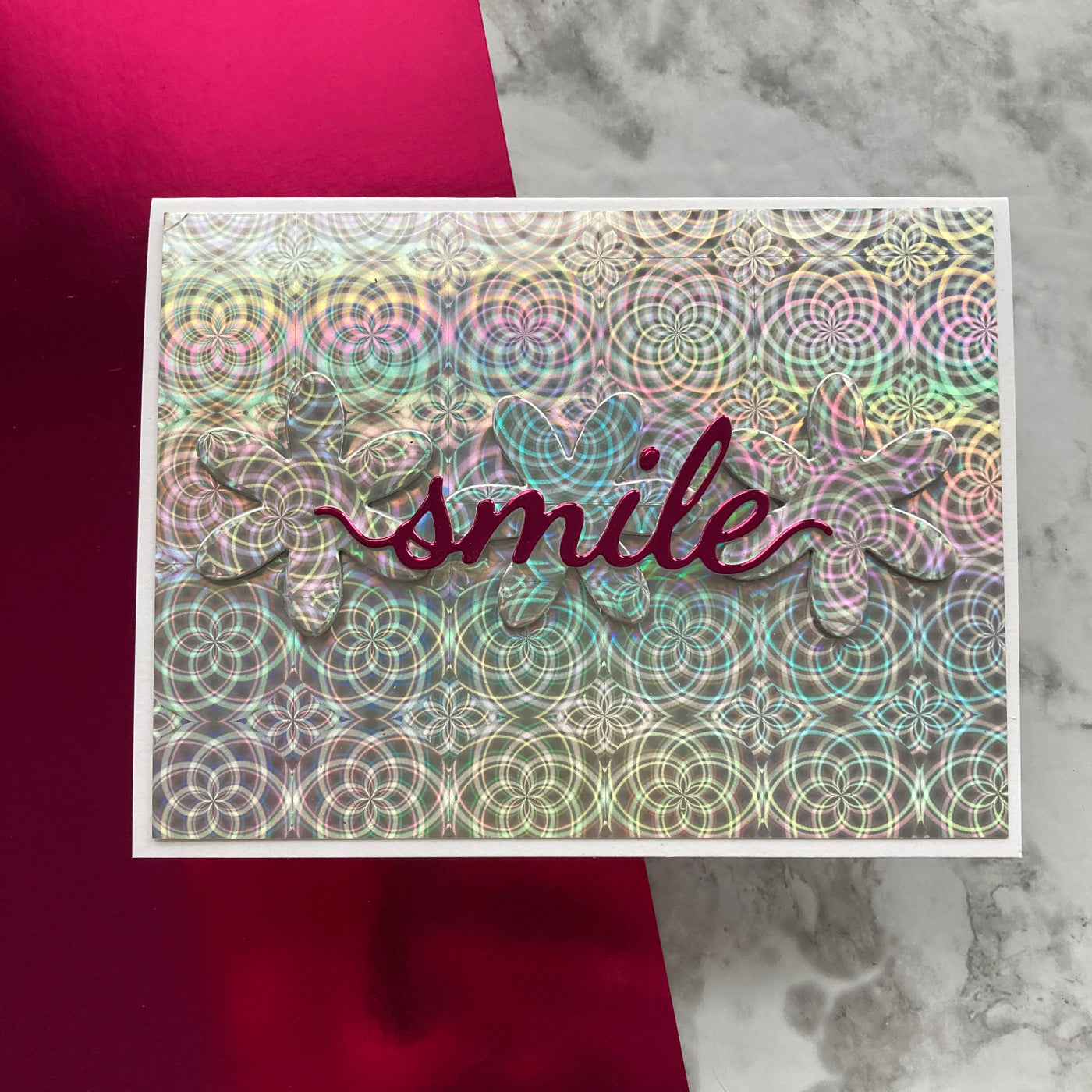 handmade card featuring holographic flower paper