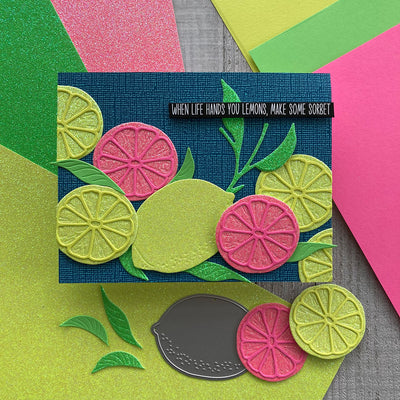 handmade card with lemons and neon glitter cardstock