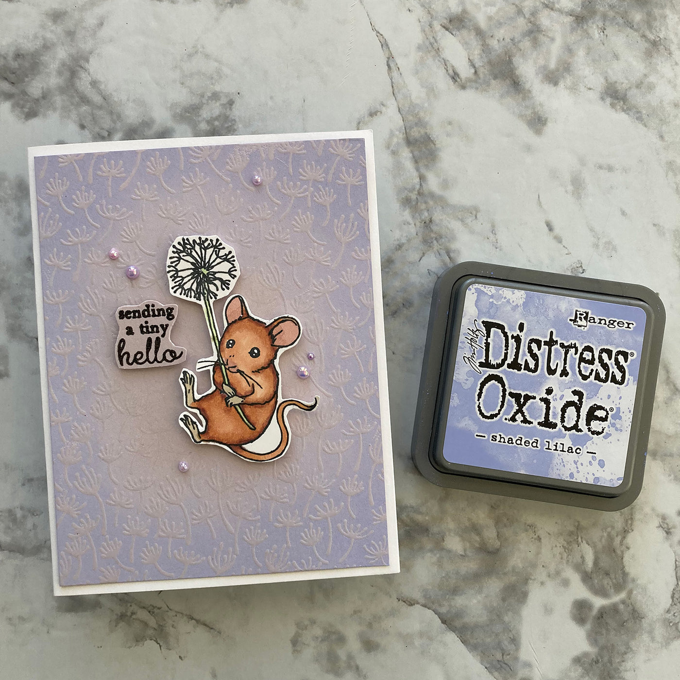 handmade card featuring shades lilac distress oxide ink