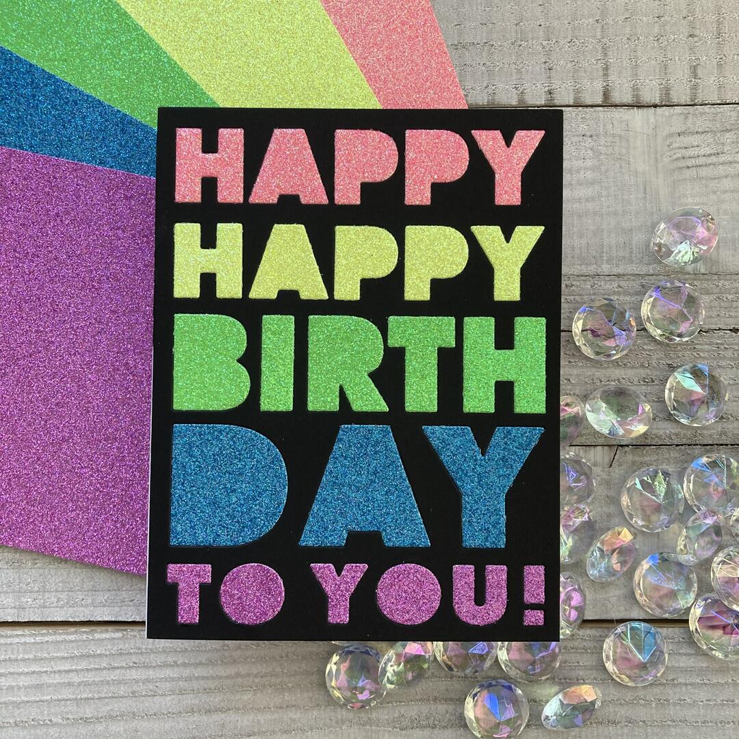 handmade card featuring neon glitter paper and sirio ultra black cardstock