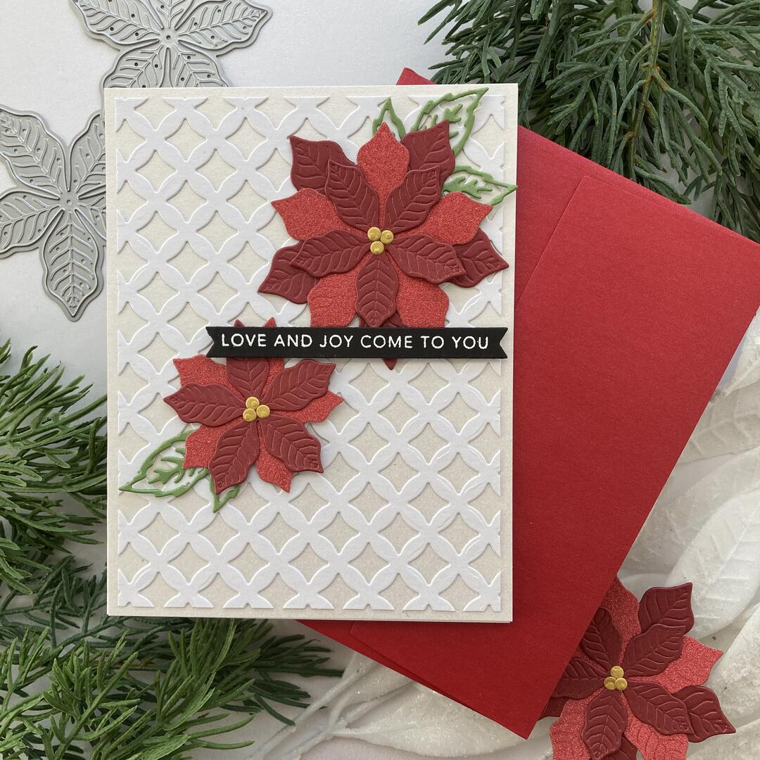 Holiday poinsettia card featuring Mirri Sparkle in Red Wagon