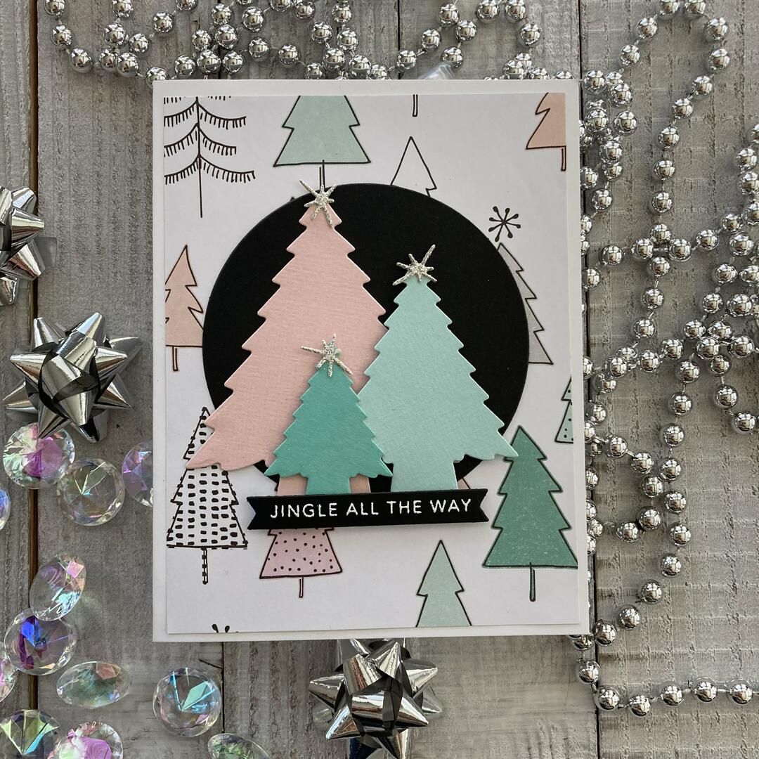Handmade Christmas card using pastel tree dies and Trees patterned paper by Crate Paper