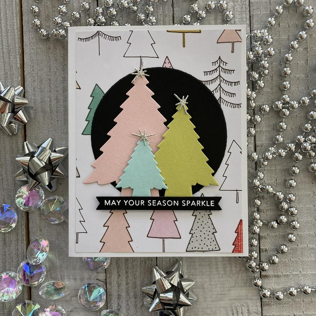 Handmade Christmas card featuring pastel Christmas trees and Crate Paper Trees patterned paper