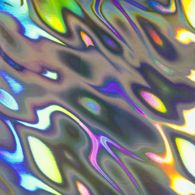 A glossy, highly reflective silver cardstock with holographic marbling that changes in the light.