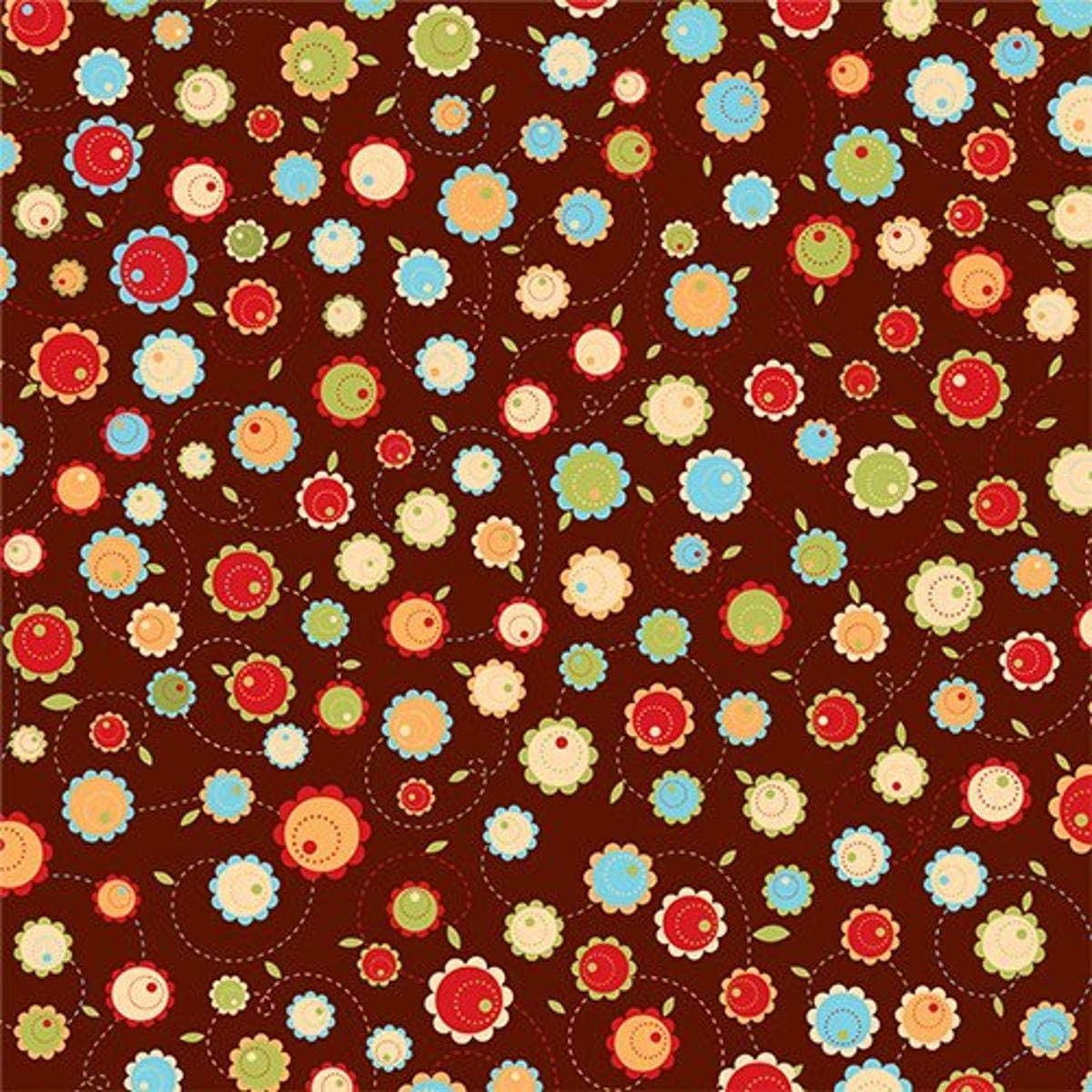 Multi-colored (red, butter yellow, lime green, sky blue, round flowers with squiggly dotted lines on brown background) Printed on one side. Smooth surface