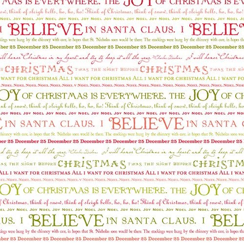 DCWV Christmas words patterned paper, varying sizes, red and green on white background.
