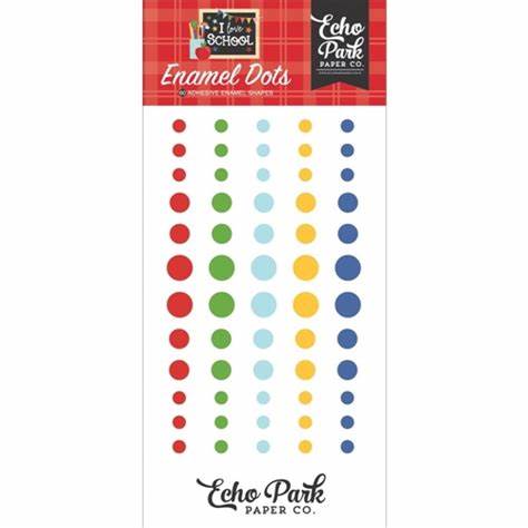 Enamel Dots from the I Love School Collection by Echo Park Paper. Package includes 60 adhesive enamel dots in various sizes with bright school colors.