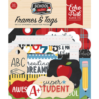 School Rules Frames & Tags Die Cut Cardstock Pack. Pack includes 33 different die-cut shapes ready to embellish any project. Package size is 4.5" x 5.25"