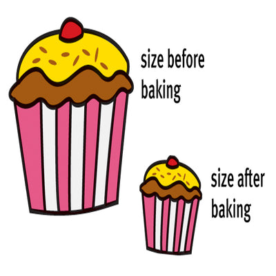 Image shows relative before and after images of decorative cupcake made with Grafix Shrink Film