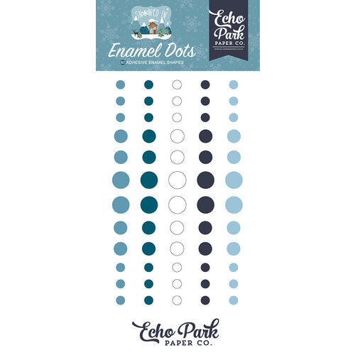 60 Enamel Dots in blues, teal, and white, three sizes; adhesive back, designed to coordinate with Snowed In Collection by Echo Park.