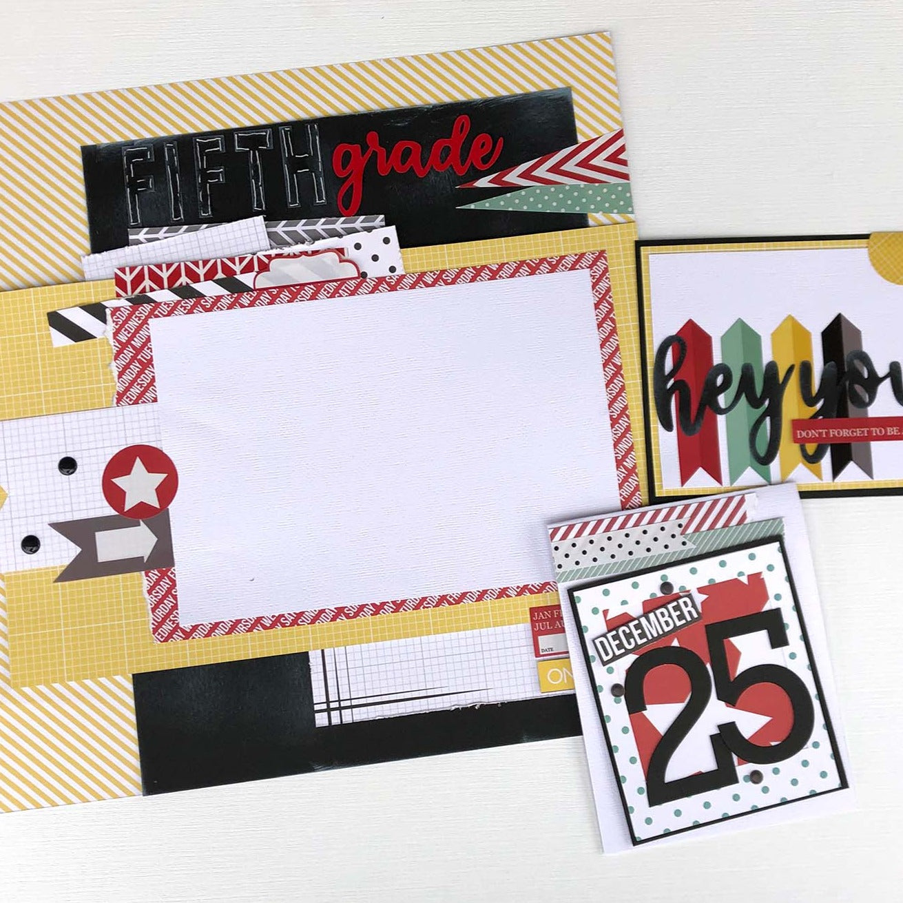 scrapbook page and cards made with We R Memory Keepers Archived Collection Kit